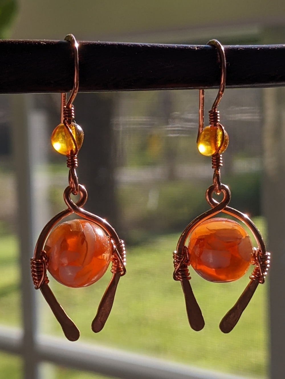 Southwestern Amber Earrings Genuine Copper Artisan Crafted Jewelry - Picture 3 of 11